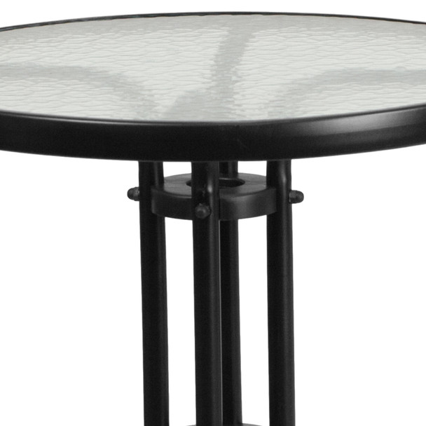 Lila 23.75'' Round Glass Metal Table with 2 Black Metal Aluminum Slat Stack Chairs