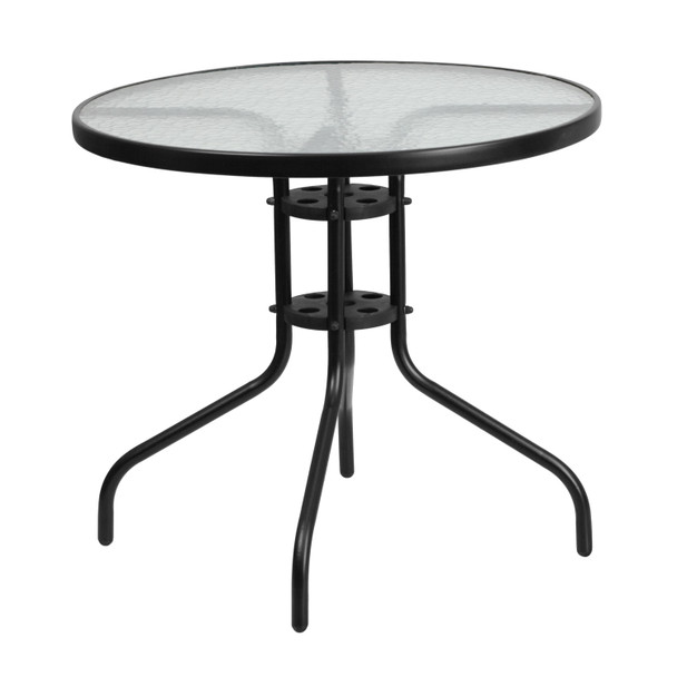 Lila 31.5'' Round Glass Metal Table with 4 Black Metal Aluminum Slat Stack Chairs
