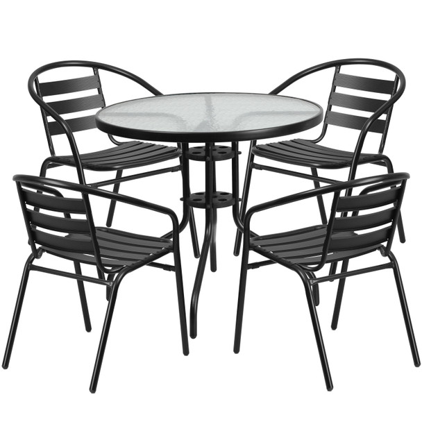 Lila 31.5'' Round Glass Metal Table with 4 Black Metal Aluminum Slat Stack Chairs