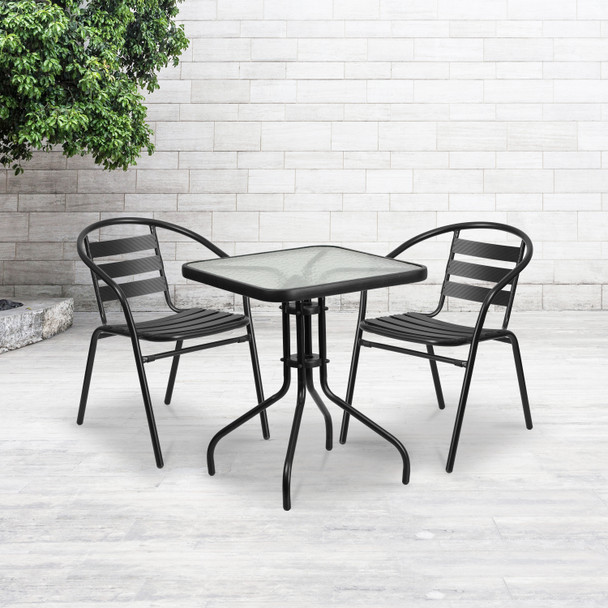 Lila 23.5'' Square Glass Metal Table with 2 Black Metal Aluminum Slat Stack Chairs