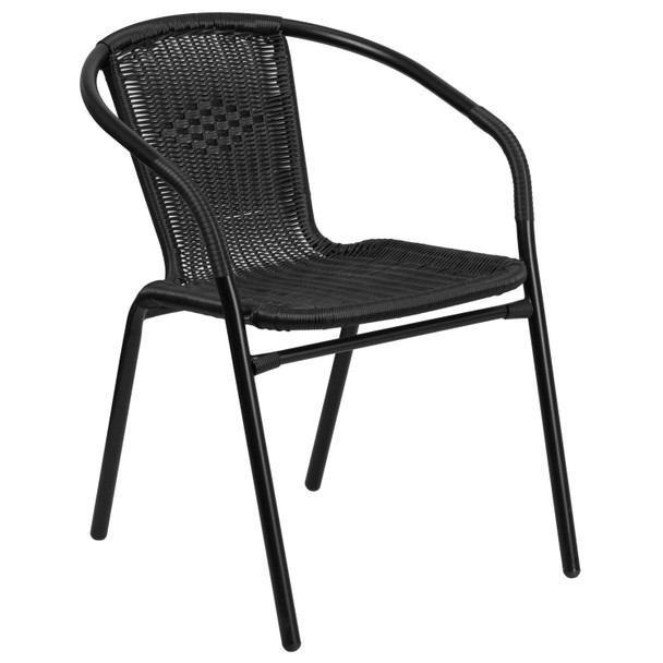 Lila 23.5'' Square Glass Metal Table with 2 Black Rattan Stack Chairs