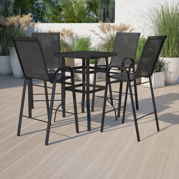 Brazos Outdoor Dining Set - 4-Person Bistro Set - Brazos Outdoor Glass Bar Table with Black All-Weather Patio Stools