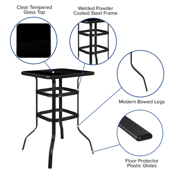 Barker 27.5" Square Black Tempered Glass Bar Height Metal Patio Bar Table