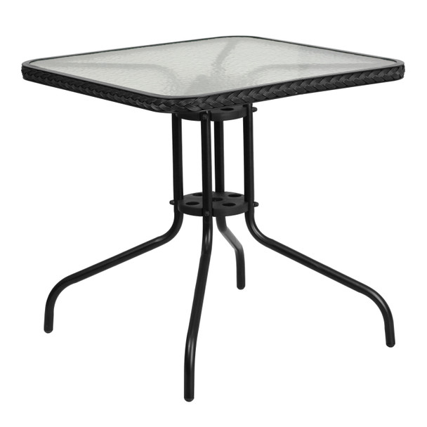 Barker 28'' Square Tempered Glass Metal Table with Black Rattan Edging