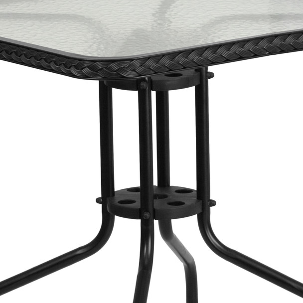 Lila 28'' Square Glass Metal Table with Black Rattan Edging and 2 Black Rattan Stack Chairs