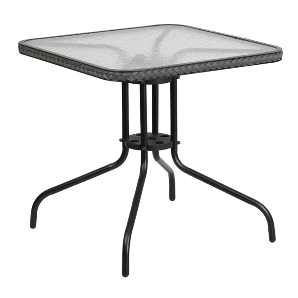 Lila 28'' Square Glass Metal Table with Gray Rattan Edging and 2 Gray Rattan Stack Chairs