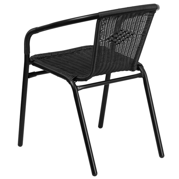 Lila 28'' Square Glass Metal Table with Black Rattan Edging and 4 Black Rattan Stack Chairs