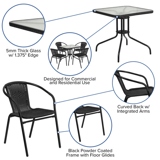 Lila 28'' Square Glass Metal Table with Black Rattan Edging and 4 Black Rattan Stack Chairs