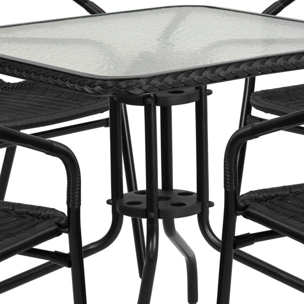 Lila 28'' Square Glass Metal Table with Black Rattan Edging and 4 Black Rattan Stack Chairs