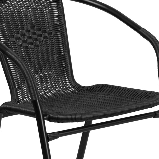 Lila 28'' Square Glass Metal Table with Black Rattan Edging and 4 Black Rattan Stack Chairs