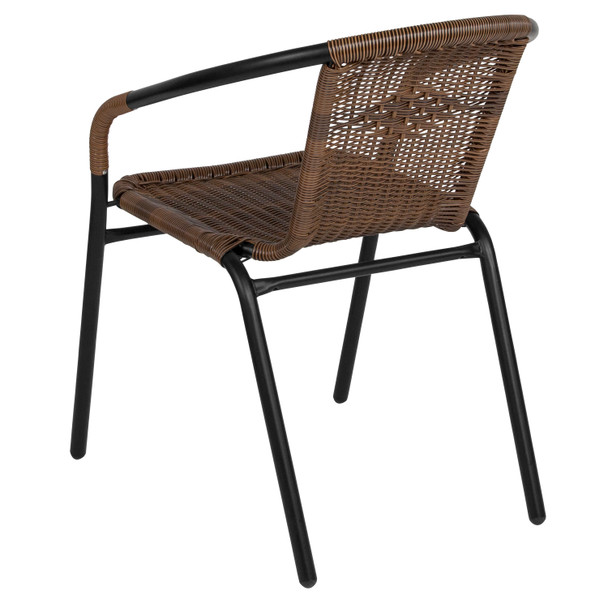 Lila 28'' Square Glass Metal Table with Dark Brown Rattan Edging and 4 Dark Brown Rattan Stack Chairs