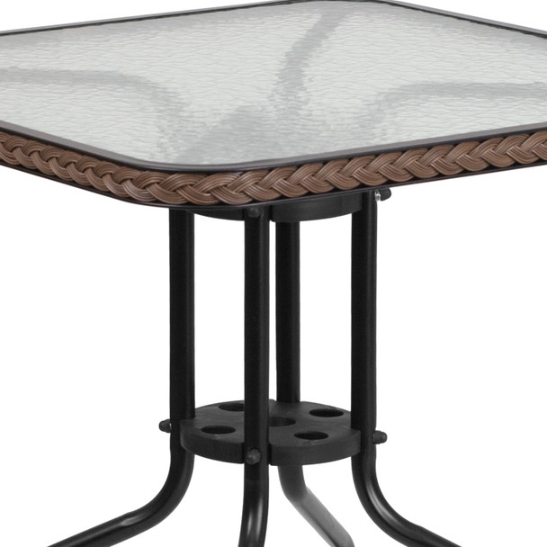 Lila 28'' Square Glass Metal Table with Dark Brown Rattan Edging and 4 Dark Brown Rattan Stack Chairs