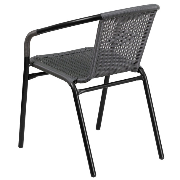 Lila 28'' Square Glass Metal Table with Gray Rattan Edging and 4 Gray Rattan Stack Chairs