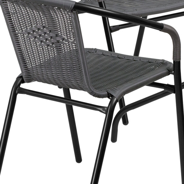 Lila 28'' Square Glass Metal Table with Gray Rattan Edging and 4 Gray Rattan Stack Chairs