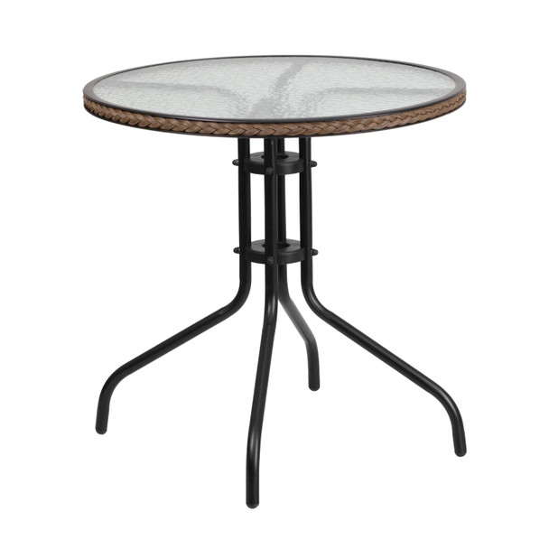 Barker 28'' Round Tempered Glass Metal Table with Dark Brown Rattan Edging