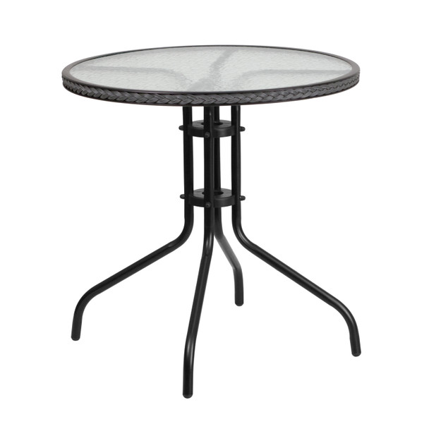 Barker 28'' Round Tempered Glass Metal Table with Gray Rattan Edging