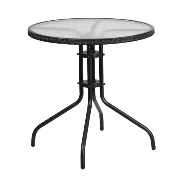 Lila 28'' Round Glass Metal Table with Black Rattan Edging and 2 Black Rattan Stack Chairs