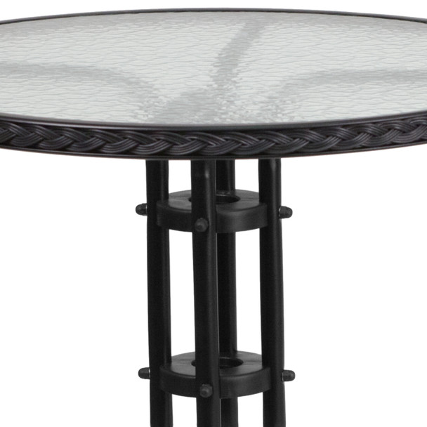 Lila 28'' Round Glass Metal Table with Black Rattan Edging and 2 Black Rattan Stack Chairs