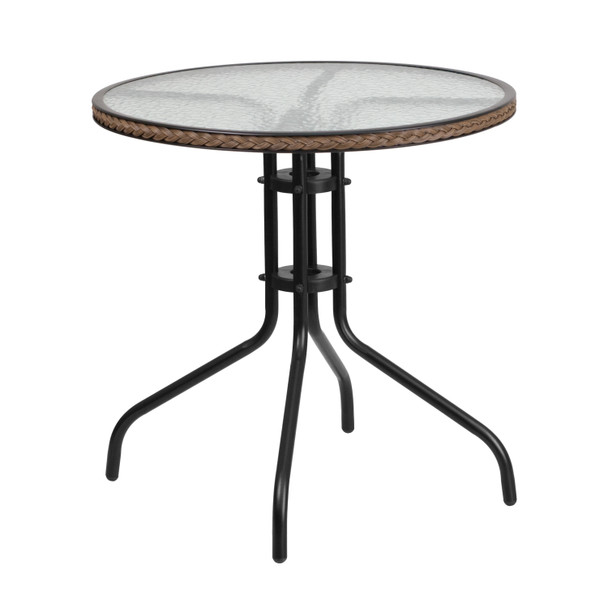 Lila 28'' Round Glass Metal Table with Dark Brown Rattan Edging and 2 Dark Brown Rattan Stack Chairs