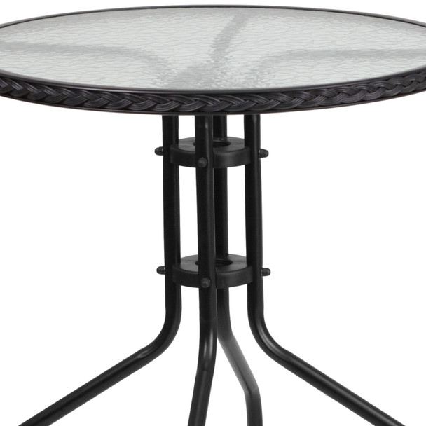 Lila 28'' Round Glass Metal Table with Black Rattan Edging and 4 Black Rattan Stack Chairs