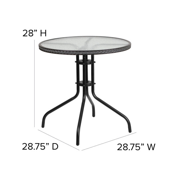 Lila 28'' Round Glass Metal Table with Gray Rattan Edging and 4 Gray Rattan Stack Chairs