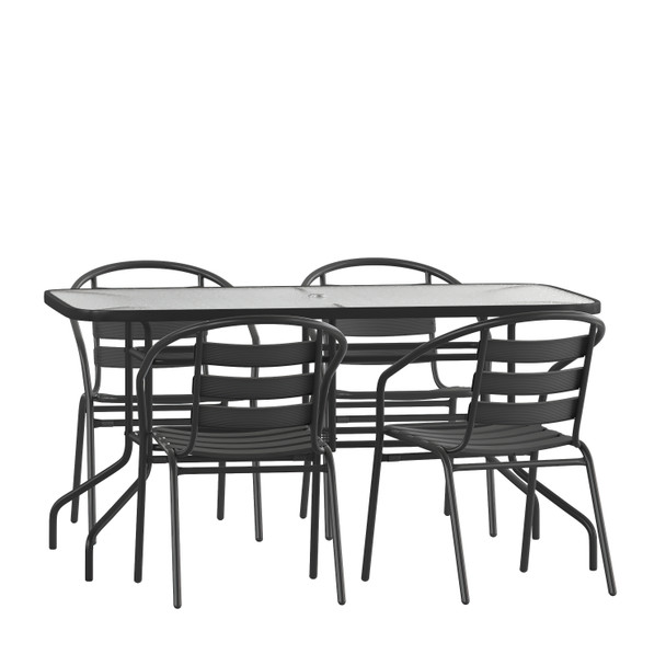 Lila 5 Piece Patio Dining Set - 55" Tempered Glass Patio Table with Umbrella Hole - 4 Black Metal Aluminum Slat Stack Chairs