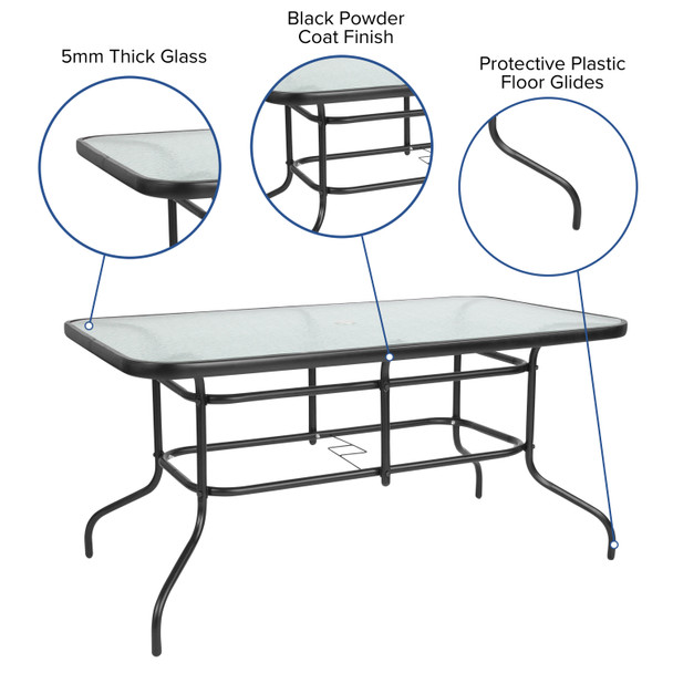 Brazos 5 Piece Outdoor Patio Dining Set - 55" Tempered Glass Patio Table with Umbrella Hole, 4 Black Flex Comfort Stack Chairs