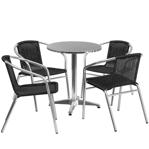 Lila 23.5'' Round Aluminum Indoor-Outdoor Table Set with 4 Black Rattan Chairs