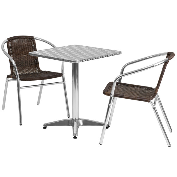 Lila 23.5'' Square Aluminum Indoor-Outdoor Table Set with 2 Dark Brown Rattan Chairs