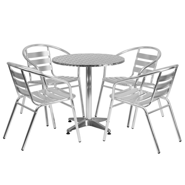 Lila 27.5'' Round Aluminum Indoor-Outdoor Table Set with 4 Slat Back Chairs