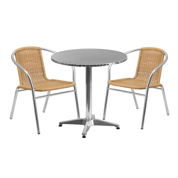 Lila 27.5'' Round Aluminum Indoor-Outdoor Table Set with 2 Beige Rattan Chairs