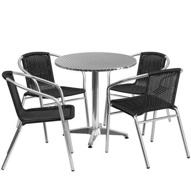 Lila 27.5'' Round Aluminum Indoor-Outdoor Table Set with 4 Black Rattan Chairs