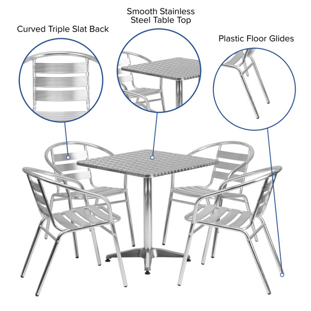 Lila 27.5'' Square Aluminum Indoor-Outdoor Table Set with 4 Slat Back Chairs