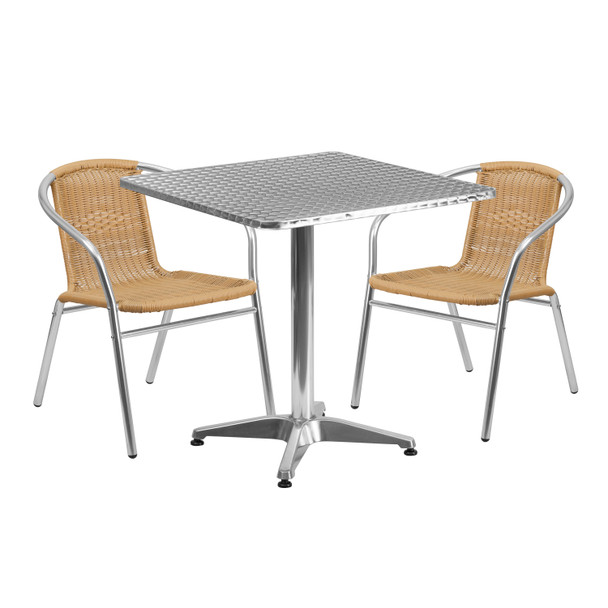 Lila 27.5'' Square Aluminum Indoor-Outdoor Table Set with 2 Beige Rattan Chairs