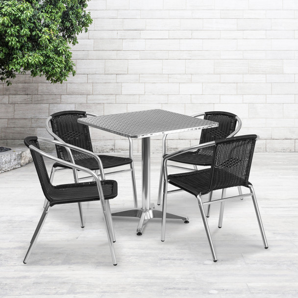 Lila 27.5'' Square Aluminum Indoor-Outdoor Table Set with 4 Black Rattan Chairs