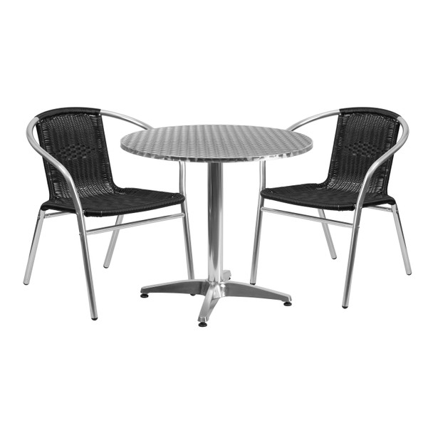 Lila 31.5'' Round Aluminum Indoor-Outdoor Table Set with 2 Black Rattan Chairs