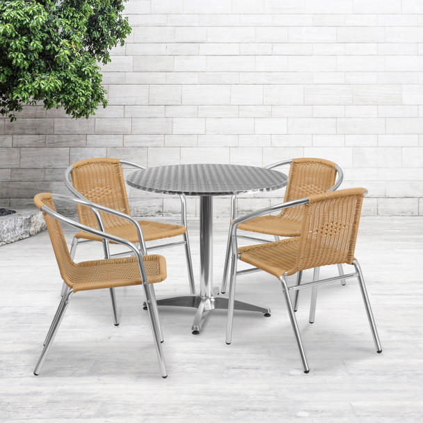 Lila 31.5'' Round Aluminum Indoor-Outdoor Table Set with 4 Beige Rattan Chairs