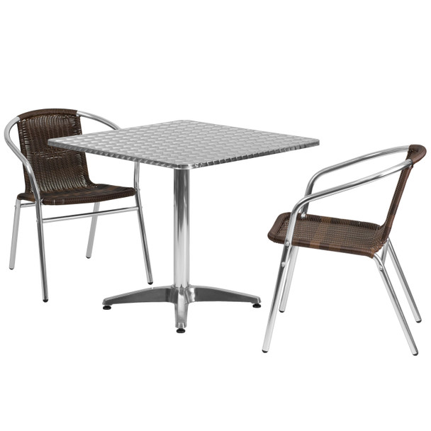 Lila 31.5'' Square Aluminum Indoor-Outdoor Table Set with 2 Dark Brown Rattan Chairs