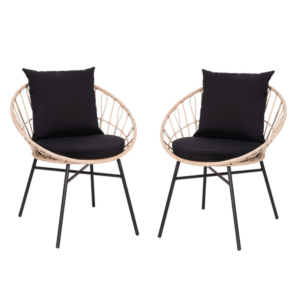 Devon Set of 2 Indoor/Outdoor Modern Papasan Patio Chairs, Rope with Tan Finish PE Wicker Rattan and Black Cushions