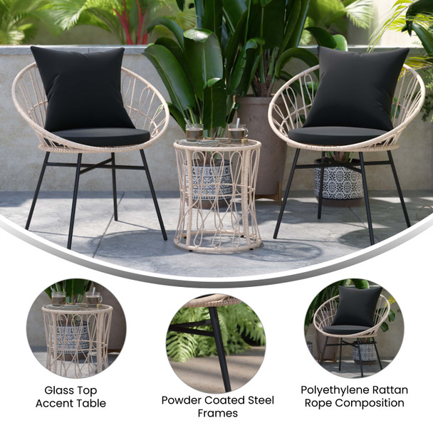 Devon 3-Piece Tan Indoor/Outdoor Bistro Set, Papasan Style Rattan Rope Chairs, Glass Top Side Table & Black Cushions