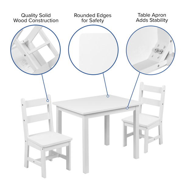 Kyndl Kids Solid Hardwood Table and Chair Set for Playroom, Bedroom, Kitchen - 3 Piece Set - White