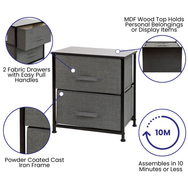 Harris 2 Drawer Wood Top Black Nightstand Storage Organizer with Cast Iron Frame and Dark Gray Easy Pull Fabric Drawers