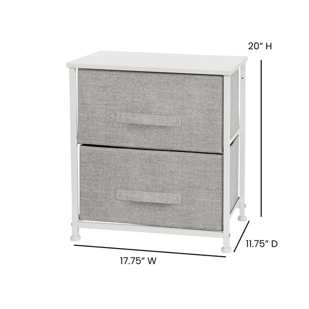 Harris 2 Drawer Wood Top White Nightstand Storage Organizer with Cast Iron Frame and Light Gray Easy Pull Fabric Drawers