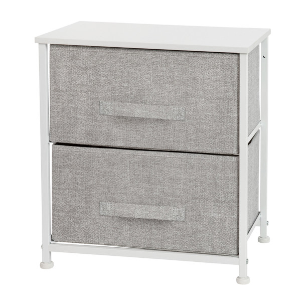 Harris 2 Drawer Wood Top White Nightstand Storage Organizer with Cast Iron Frame and Light Gray Easy Pull Fabric Drawers