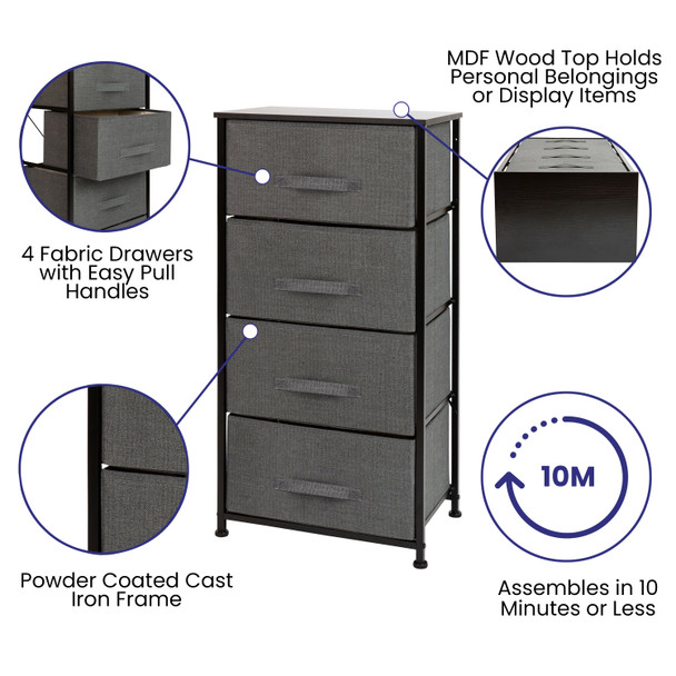 Harris 4 Drawer Wood Top Black Cast Iron Frame Vertical Storage Dresser with Dark Gray Easy Pull Fabric Drawers