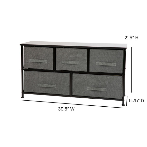 Harris 5 Drawer Wood Top Black Cast Iron Frame Vertical Storage Dresser with Dark Gray Easy Pull Fabric Drawers