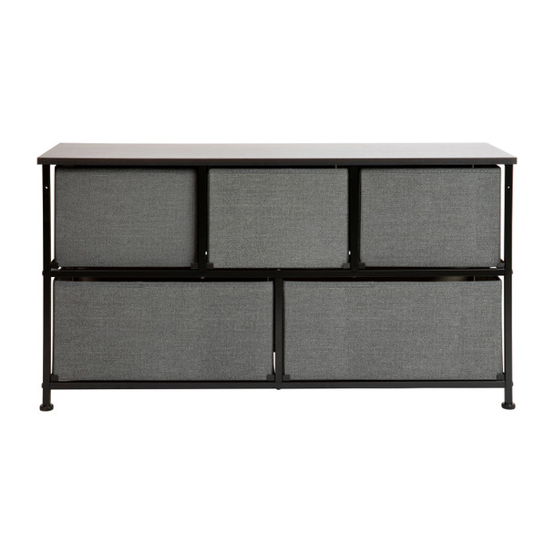 Harris 5 Drawer Wood Top Black Cast Iron Frame Vertical Storage Dresser with Dark Gray Easy Pull Fabric Drawers