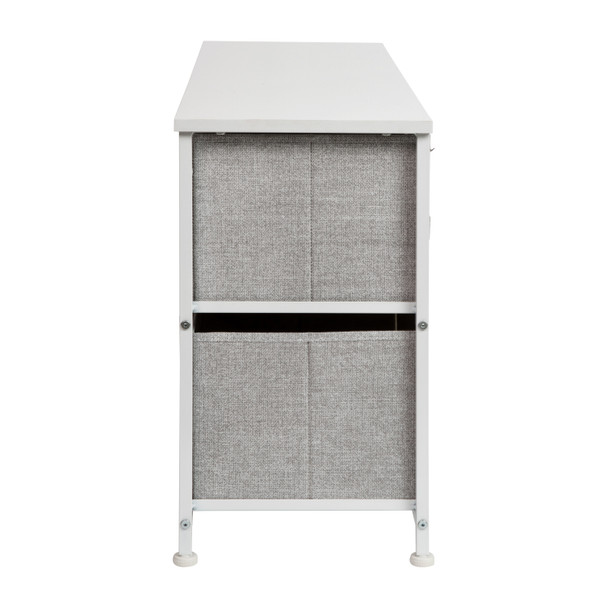 Harris 5 Drawer Wood Top White Cast Iron Frame Vertical Storage Dresser with Light Gray Easy Pull Fabric Drawers