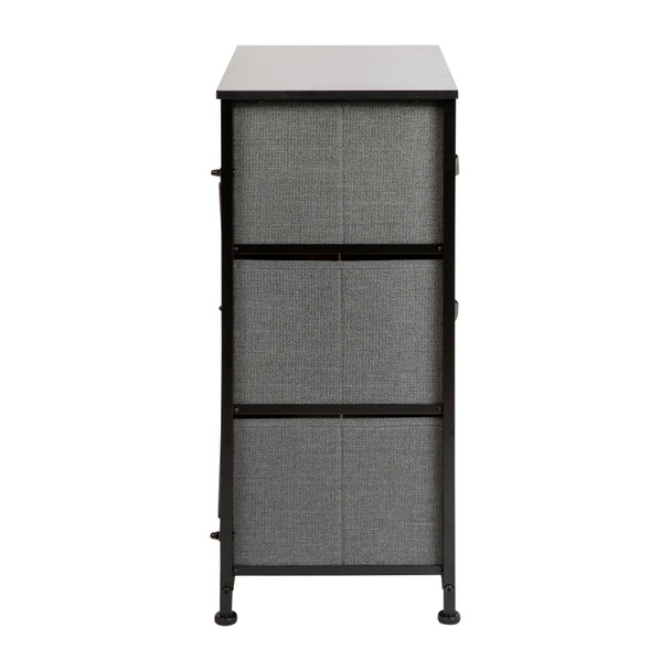 Harris 3 Drawer Wood Top Black Cast Iron Frame Vertical Storage Dresser with Dark Gray Easy Pull Fabric Drawers