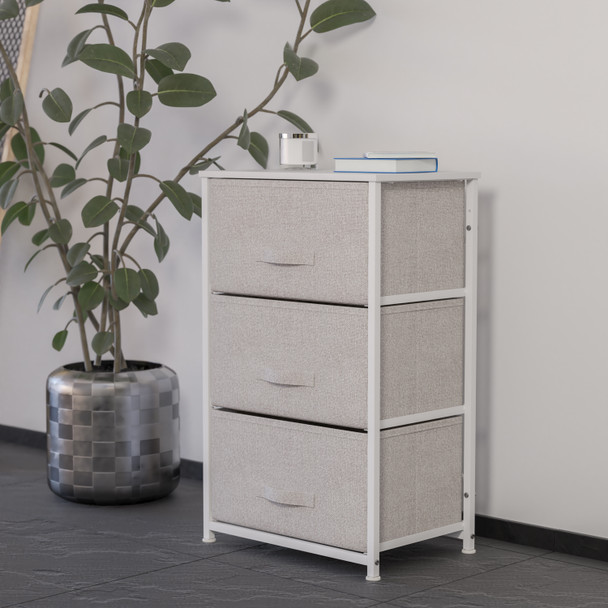 Harris 3 Drawer Wood Top White Cast Iron Frame Vertical Storage Dresser with Light Gray Easy Pull Fabric Drawers